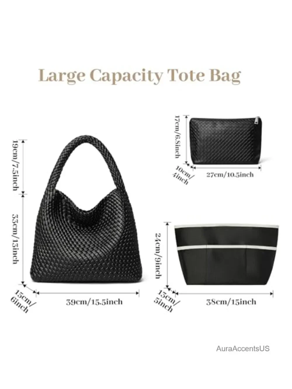 Large Woven Hobo Shoulder Bag Faux Leather Vegan PU Tote